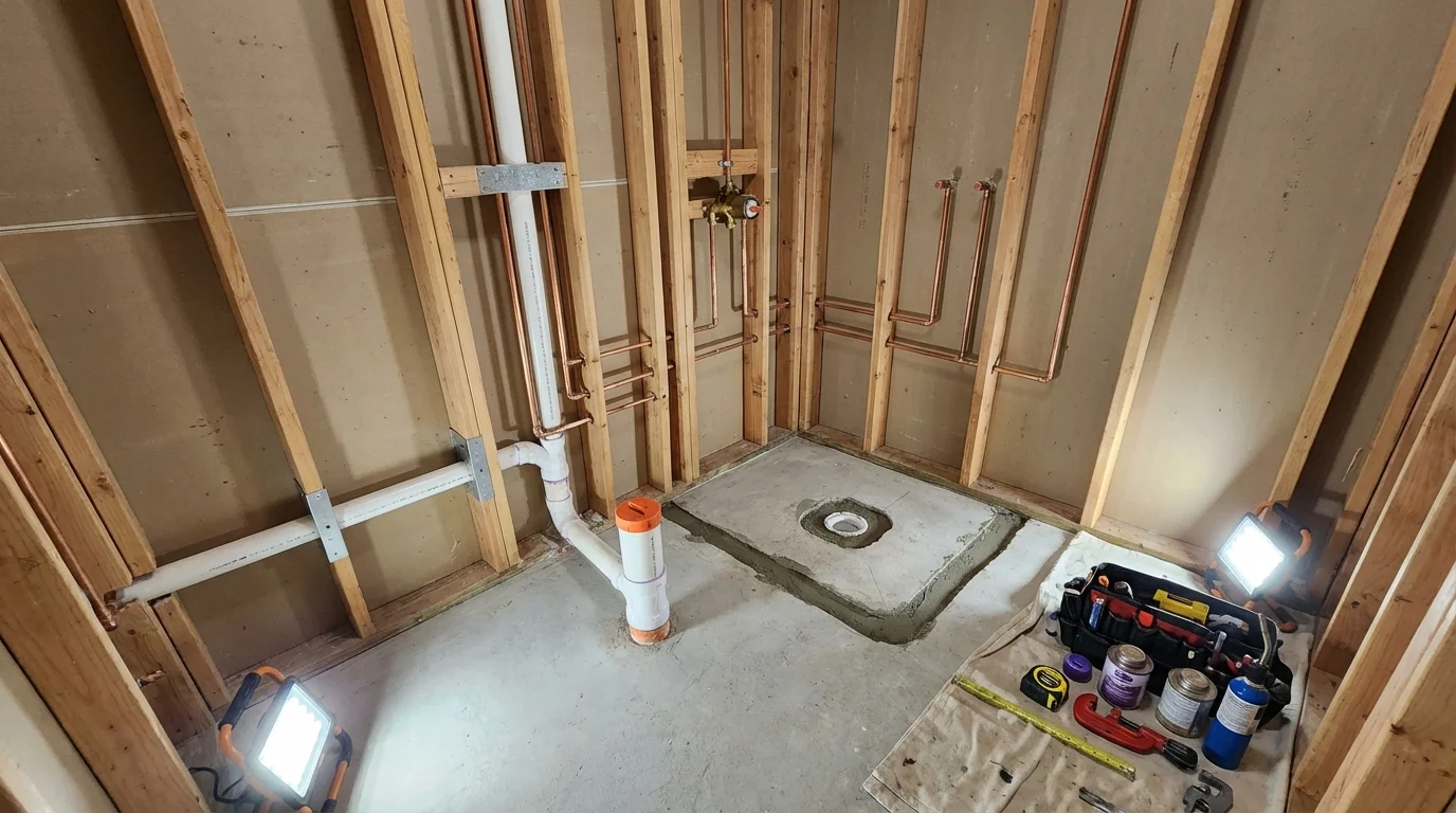 Bathroom rough-in plumbing during remodel by Johns Plumbing LLC in Nolensville