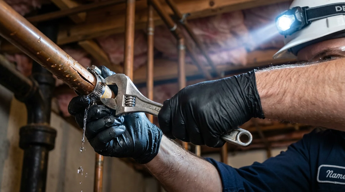 Emergency pipe clamp repair being performed by a Johns Plumbing LLC plumber in Nolensville