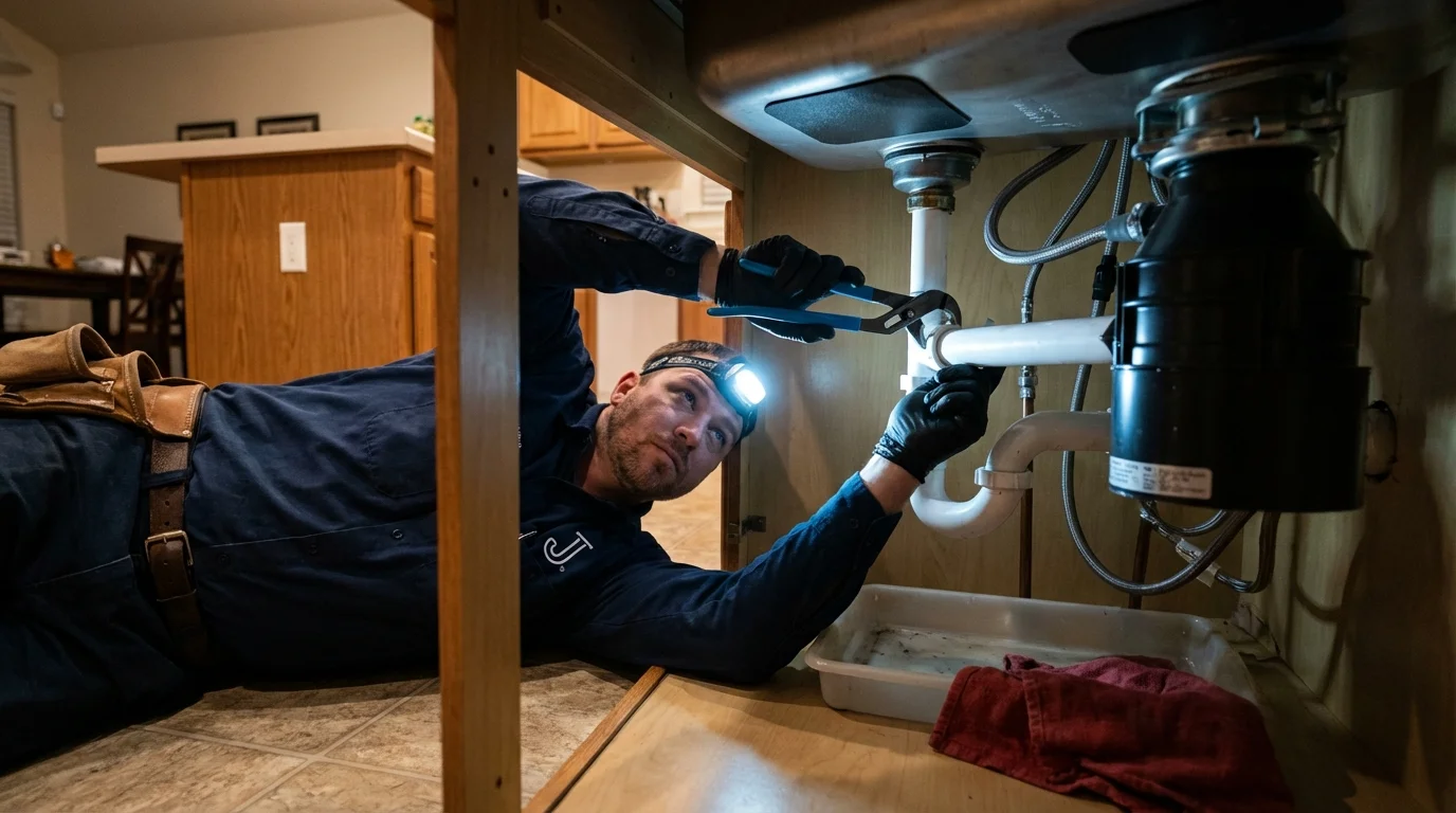 P-trap and supply line connections under a kitchen sink showing a common leak point in Nolensville, TN